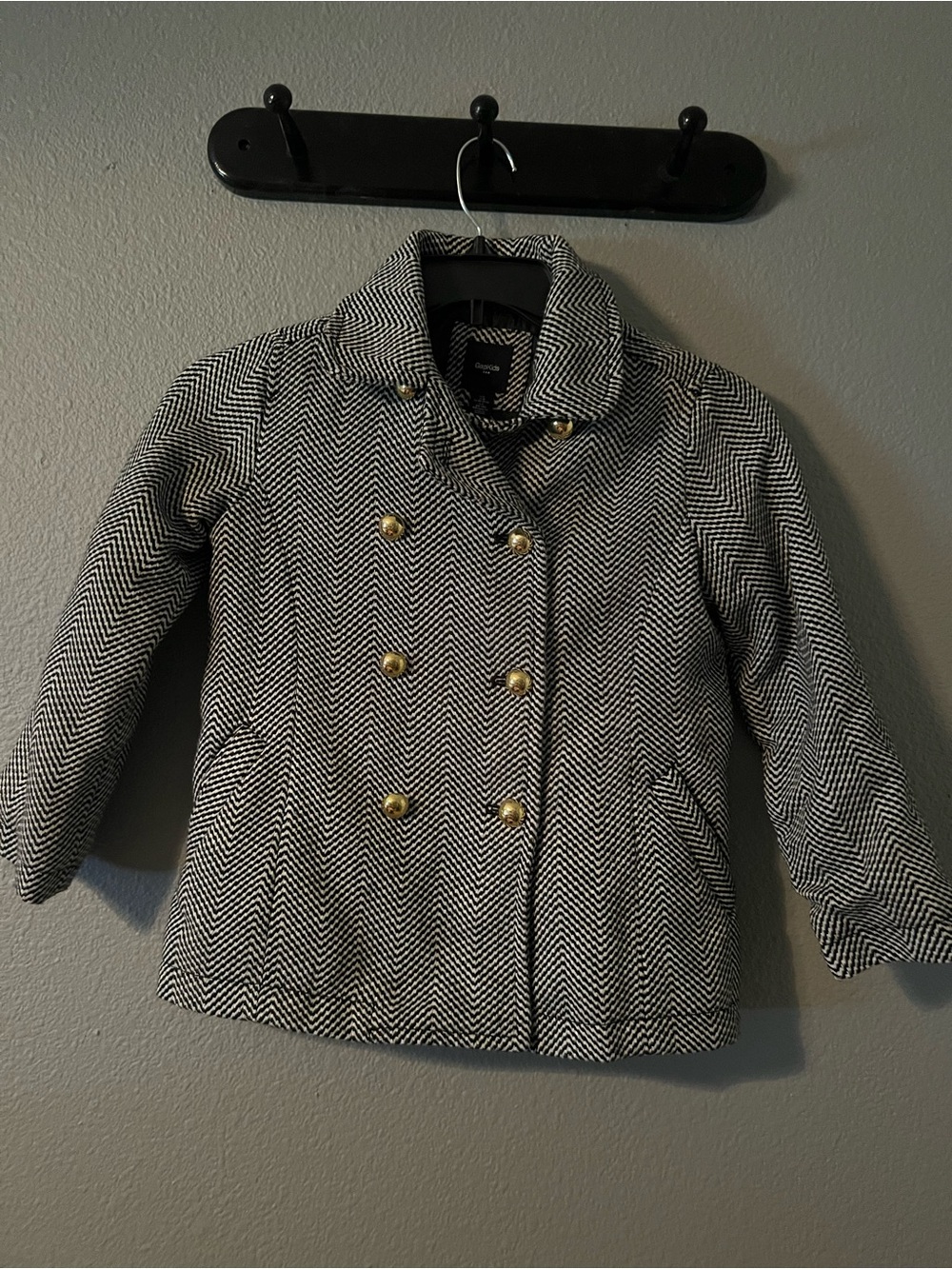 GAP Black and White Herringbone Double-Breasted Peacoat